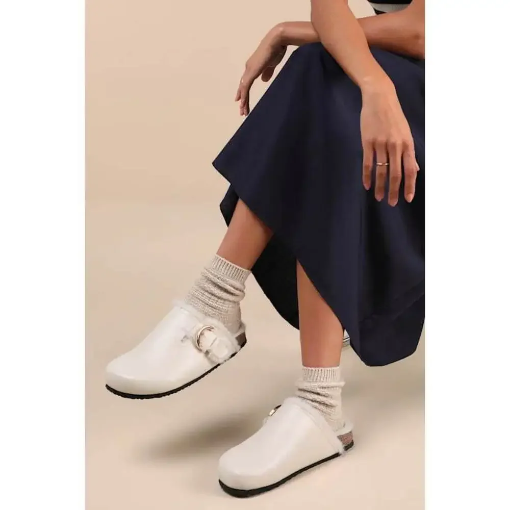 Lulus Carrina Bone Faux Fur Buckle Mule Slides White - Size 10 - Picture 1 of 11
